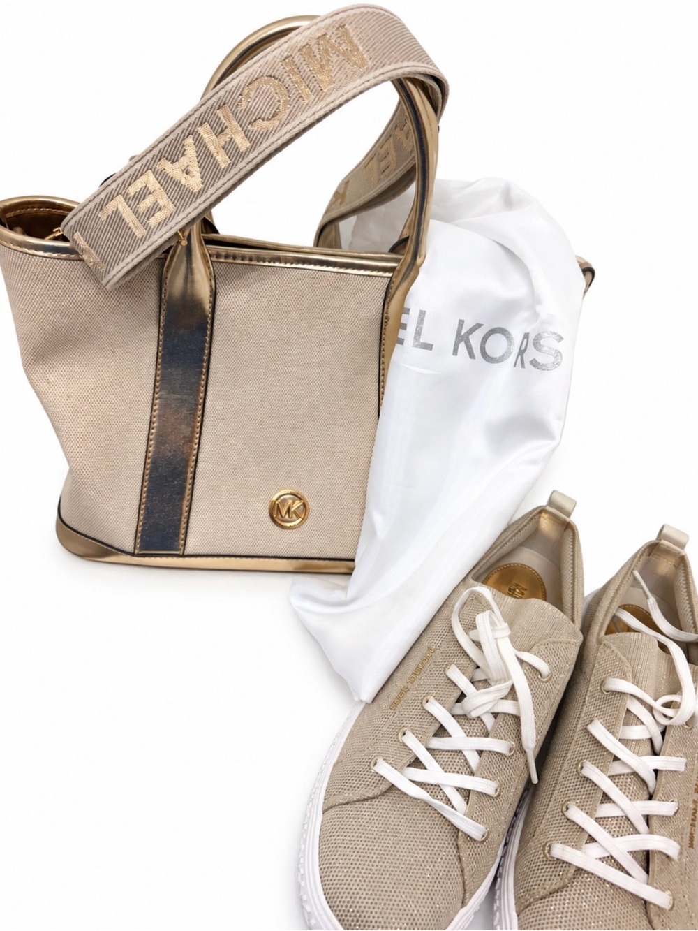 Michael Kors Luisa Satchel Bag & Gold Sneakers Size 10 Bundle Brand New